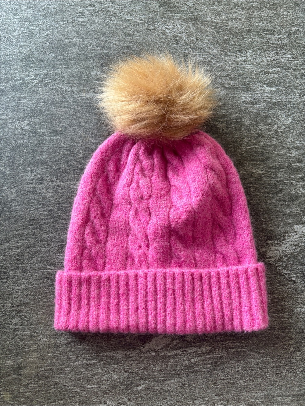 J Crew Cable Knit Beanie with Tan Faux Fur Pom - Pink